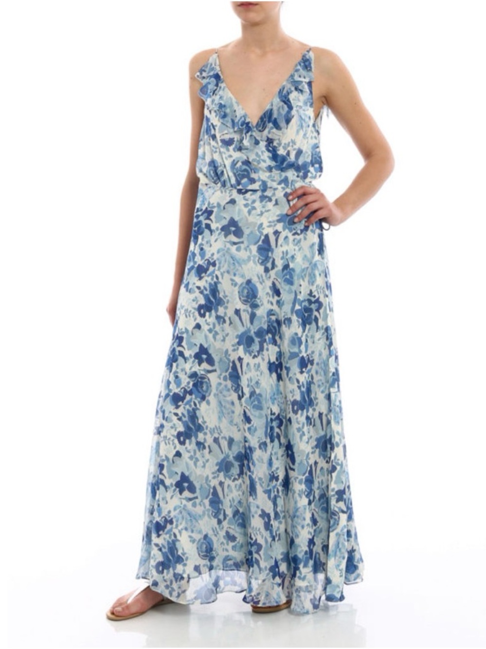 Polo by Ralph Lauren Blue & White Floral V-Neck Maxi Dress- silk - Picture 4 of 13